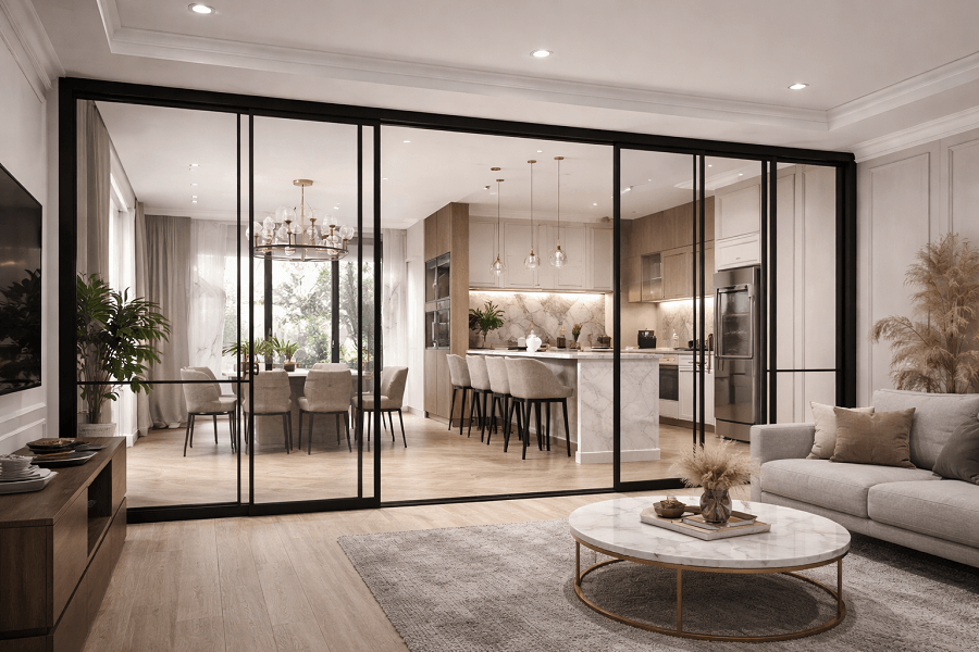 Mẫu vách ngăn giữa phòng khách và phòng bếp ngăn mùi hiệu quả